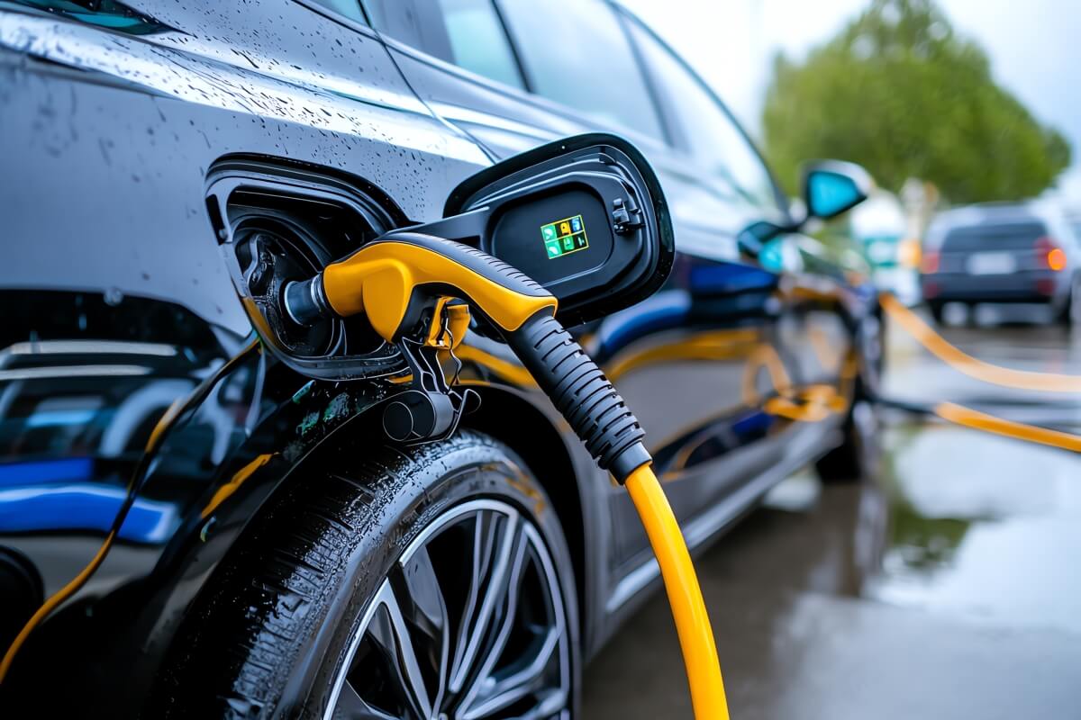 luksusowy samochód elektryczny ładowany poprzez ładowarkę zewnętrzną
